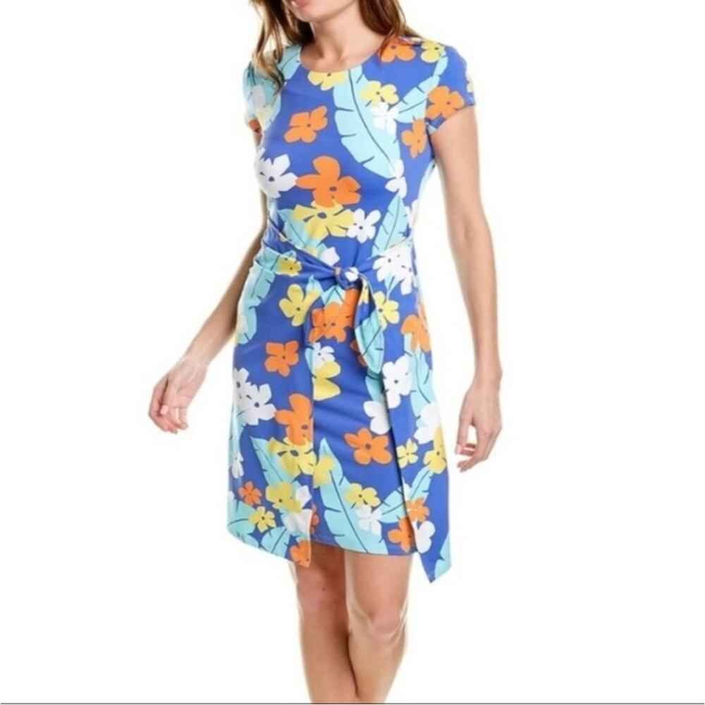 J. McLaughlin Blue White Orange Faux Wrap Floral Cloth Dress Size Small A0015